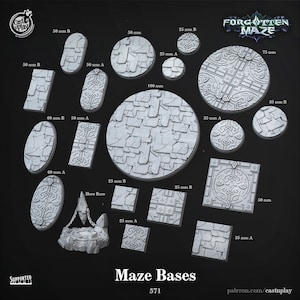May include: A set of 10 different sized and styled plastic bases for miniature figures. The bases are designed to look like stone and feature various patterns. The bases are labeled with their size in millimeters. The set includes a hero base with a raised platform and chains.