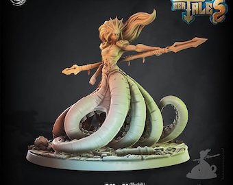 Female Merfolk 32mm Scale: F'yll Mermaid Octopus Paintable Miniature 3D Printed for Tabletop Wargames Dioramas - Deep Sea Tales