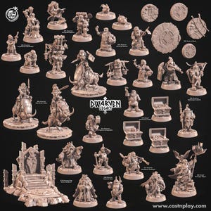 May include: A selection of miniature dwarf figurines in a neutral colour. The figures depict dwarves in various roles, including warriors, riders, and workers. The image includes the "Dwarven Legacy" logo and various accessories.