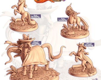May include: Four beige unicorn figurines in various poses, including rearing, leaning, and wizard-themed designs. The figurines are displayed on circular bases with text labels indicating the poses. The image includes the text "Cornelia's Fantastic Creatures Chapter II."