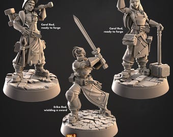 Vrouwelijke smid hamert zussen dorpelingen dorpsmensen menselijke verfbare miniatuurmodellen van CastNPlay, Townsfolk Volume 2