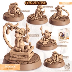 Peut inclure: Un ensemble de six figurines miniatures de singe peintes à la main, chacune avec une profession différente, y compris alchimiste, marchand et nu. Les figurines sont en matériau brun clair et sont posées sur des bases rondes. Les figurines font partie d'un jeu appelé "Cornelia's Magnificent Account of Companions".