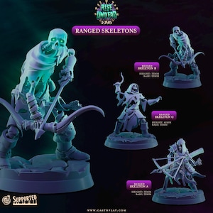 May include: Three grey skeleton miniatures from Rise of the Undead 1095. Ranged Skeleton A has a crossbow, B has a bow, and C holds a curved blade. Text labels indicate heights of 33mm, 41mm, and 35mm with base sizes of 25mm and 35mm respectively.