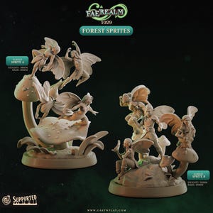 Puede incluir: Dos modelos detallados de resina de Forest Sprites. Uno presenta sprites sobre una seta, el otro sobre una base rocosa. Los modelos están etiquetados como "Forest Sprite A" y "Forest Sprite B". También se ve el texto "FAEREALM 1029 FOREST SPRITES".