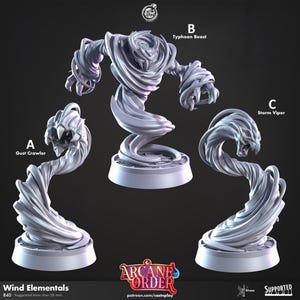 May include: Three gray, stylized wind elemental miniatures labeled "Gust Crawler", "Typhoon Beast", and "Storm Viper". The miniatures are on circular bases and feature swirling, dynamic forms. The text "Wind Elementals" and "Arcane Order" are also visible.