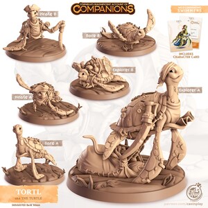 May include: A set of 3D printed miniature turtle figurines, each with a different character design. The turtles are painted in a light brown color and have various accessories, including a pirate hat, a backpack, and a sword. The figurines are designed for use in tabletop role-playing games.