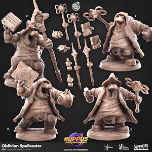 May include: A 3D printed miniature of a fantasy spellcaster, a humanoid figure with a large head and a long, pointed hat. The figure is holding a book and a staff, and is wearing a robe with a belt. The miniature is printed in a light brown color and is ready to be painted.