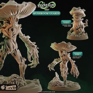 May include: A collection of 3D-printed Mushroom Guards, fantasy miniatures. The image shows three different models, each with a mushroom cap head and a humanoid body. The text on the image reads "FAE REALM" and "MUSHROOM GUARDS". The height of the models is 32mm and 45mm.