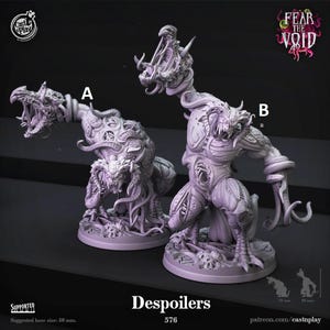 May include: Two detailed, light purple Despoilers miniatures, labeled A and B, with open-mouthed, monstrous heads and intricate body designs. The miniatures are from the "Fear the Void" collection, with a suggested base size of 50 mm.