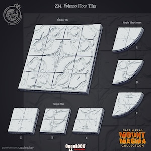 May include: A set of 3D printed volcano floor tiles for tabletop gaming. The tiles are designed to be compatible with OpenLOCK systems. The set includes a full tile, corner tiles, and simple tiles.