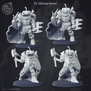 May include: A 3D printed miniature of a Halloween warrior with a pumpkin head, holding a shield and axe. The warrior is wearing armor and a cape. The miniature is in gray plastic.