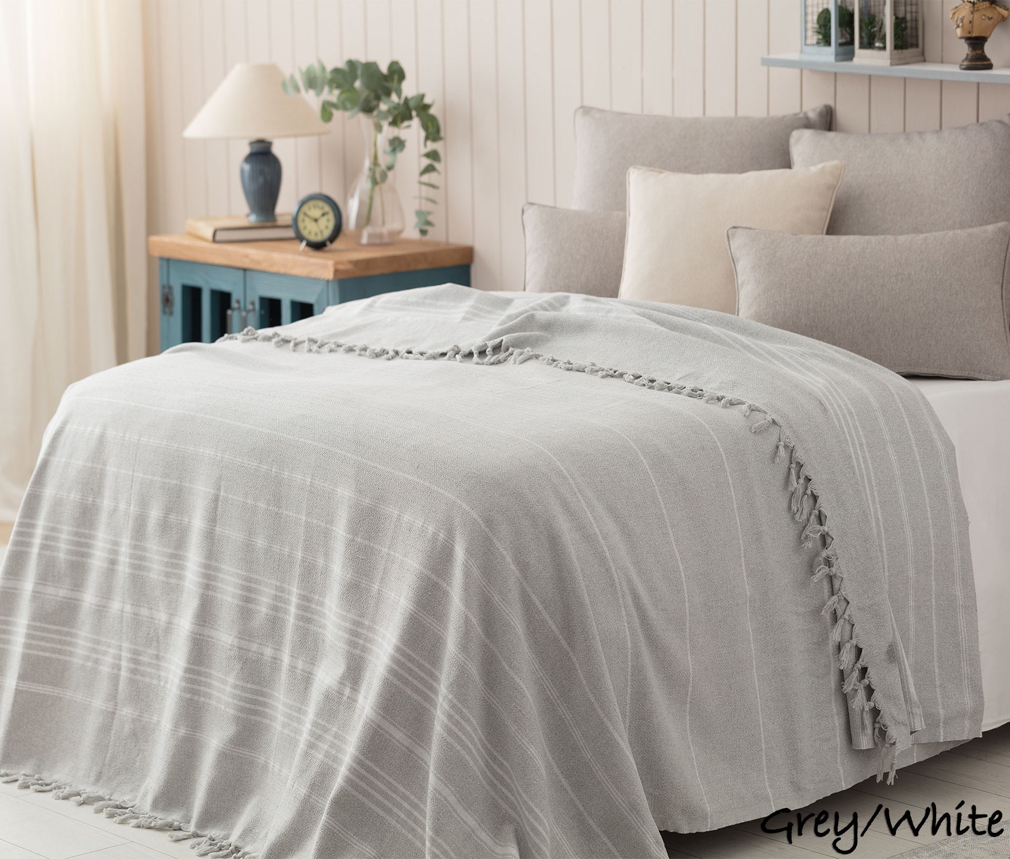 Light Blue Cotton Woven Throw Blanket Washed Summer Etsy