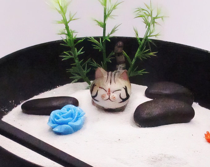 Cool cat Zen garden with white sand.  Desk and Cubicle Accessory, Gift, Stress Reliever, Tabletop Decor READY TO SHIP