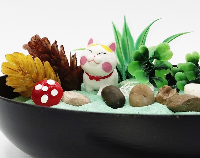 Cool Cat Zen garden with posable head and mint green sand.  Desk and Cubicle Accessory, Gift, Stress Reliever, Tabletop Decor READY TO SHIP