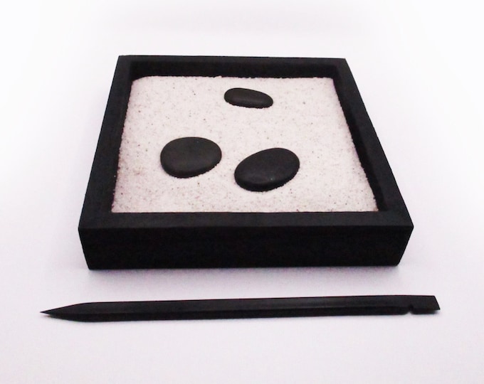 Mini Zen Garden with white sand and black stones, Desk and Cubicle Accessory, Gift, Stress Reliever, Tabletop Decor, Minimalism, Minimalist