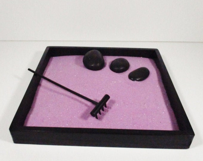 Zen garden kit with black stones and lavender sand. READY to SHIP. Desk and Cubicle Accessory, Gift, Stress Reliever, Minimalism, Minimalist