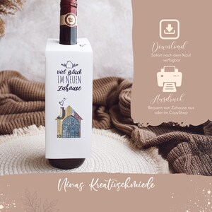 Etiqueta para botella como regalo de inauguración | Descarga en PDF | Idea de regalo DIY para una ceremonia de relleno | Construcción de casa nueva | Plantilla para imprimir botellas de vino espumoso