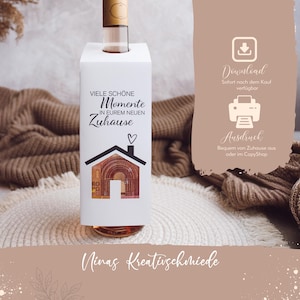 Etiqueta para botella como regalo de inauguración | Descarga en PDF | Idea de regalo DIY para una ceremonia de relleno | Construcción de casa nueva | Plantilla para imprimir botellas de vino espumoso