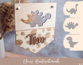 Holzwimpel Dino | Personalisiert mit Namen | Dino-Jungel Design | 15x19cm | Holzschild