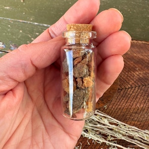 May include: A small, clear glass bottle with a cork stopper, filled with various brown and tan-colored pieces. The bottle is held in a hand, with a wooden surface in the background.