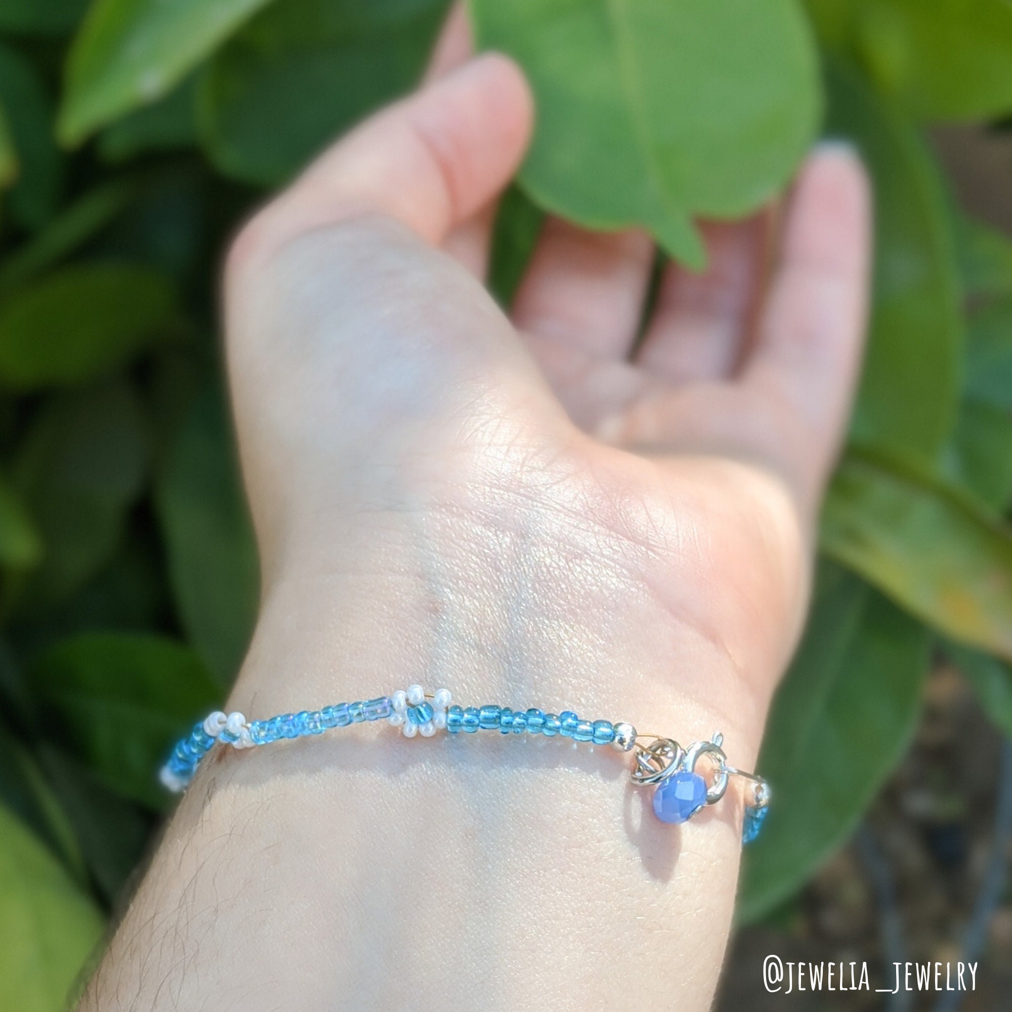 Baby Blue Beaded Bracelet with Crystal Charm Daisy Patterned | Etsy