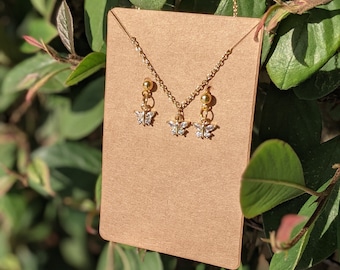 Gold Butterfly Necklace and Earrings Set: Cubic Zirconia Jewelry