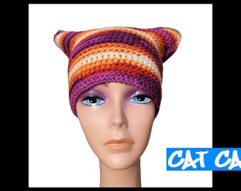 Crocheted Cat Caps - Cat-Ear Beanie - Sunset 2: Electric Boogaloo Cat Ear Hat - M/L