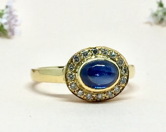 18k Gold Sapphire Ring Diamond Art Deco Ring Dainty Sapphire Gold Ring Statement Gold Ring September Birthstone Anniversary Gift