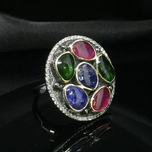 Natürlicher Tansanit & Turmalin Art Deco Ring Sterling Silber 925 Zierlicher Ring Cocktail Ring Handgemachter Statement Ring Hochzeitsgeschenk für Mama