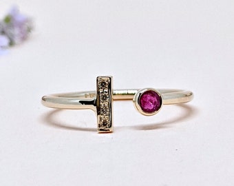 14k Gold Ruby Ring Diamond Cuff Ring Art Deco Ring Bezel Ruby Ring Stacking Gold Ring Open Cuff Diamond Ring Ruby Gold Ring Gift For Her
