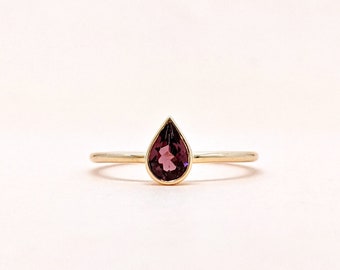 14k Gold Garnet Ring, Dainty Pear Stone, January Birthstone