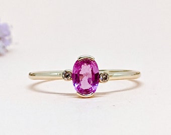 14k Pink Sapphire Diamond Ring Gold Ring Art Deco Sapphire Ring Dainty Gold Ring Pink Sapphire Gold Ring Sapphire Gold Ring Wedding Gift
