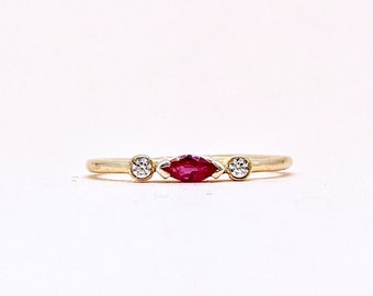 14k Gold Marquise Ruby Ring with Diamond Accents, July Birthstone