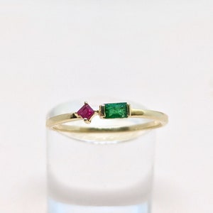14k Solid Gold Emerald Ruby Ring, Art Deco Baguette Ring