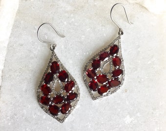 Art Deco Garnet Earrings, 925 Sterling Silver Dangle Earrings
