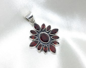 Handmade Art Deco Garnet Pendant, Sterling Silver Statement Jewelry