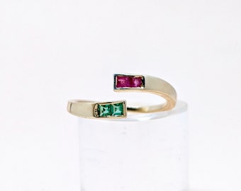 14k Gold Ruby Emerald Ring Baguette Stone Ring Trendy Open Cuff Ring Multi Stone Ring Art Deco Ring Dainty Ring Wedding Gift For Her