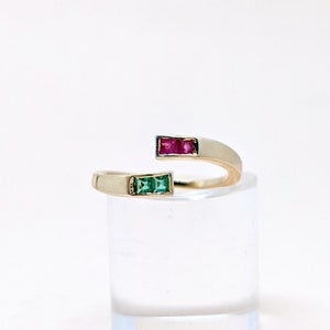 14k Gold Ruby Emerald Ring, Baguette Open Cuff Design