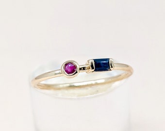 14k Gold Sapphire Ruby Ring Baguette Stone Stackable Ring Art Deco Ring Dainty Ring Solid Gold Ring Trendy Ring Wedding Gift For Her