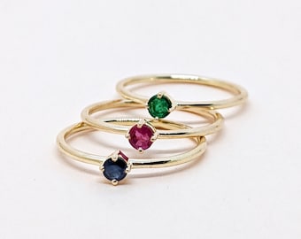 14k Gold Ruby, Emerald, Sapphire Stackable Ring Minimal Gold Ring Set Fine Dainty Solid Gold Ring Birthstone Ring Birthday Gift For Her