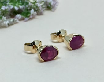 18k Gold Ruby Earrings, Handmade Fine Gemstone Studs