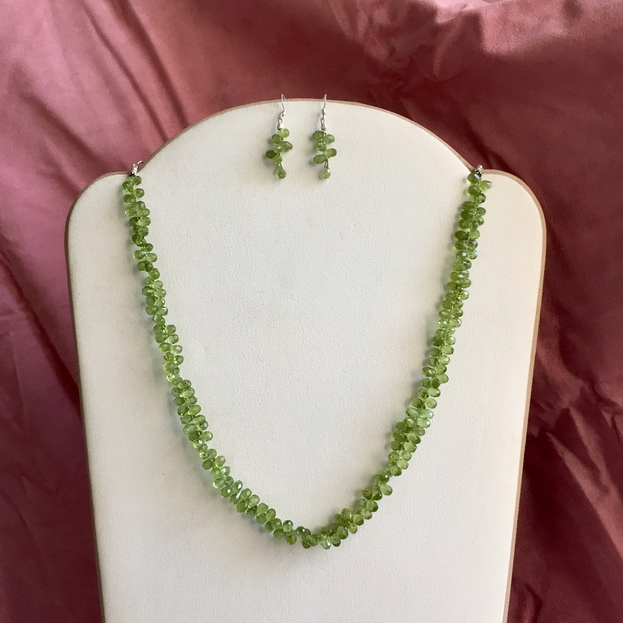 Peridot Beaded Necklace & Earrings, 925 Sterling Silver, Handmade