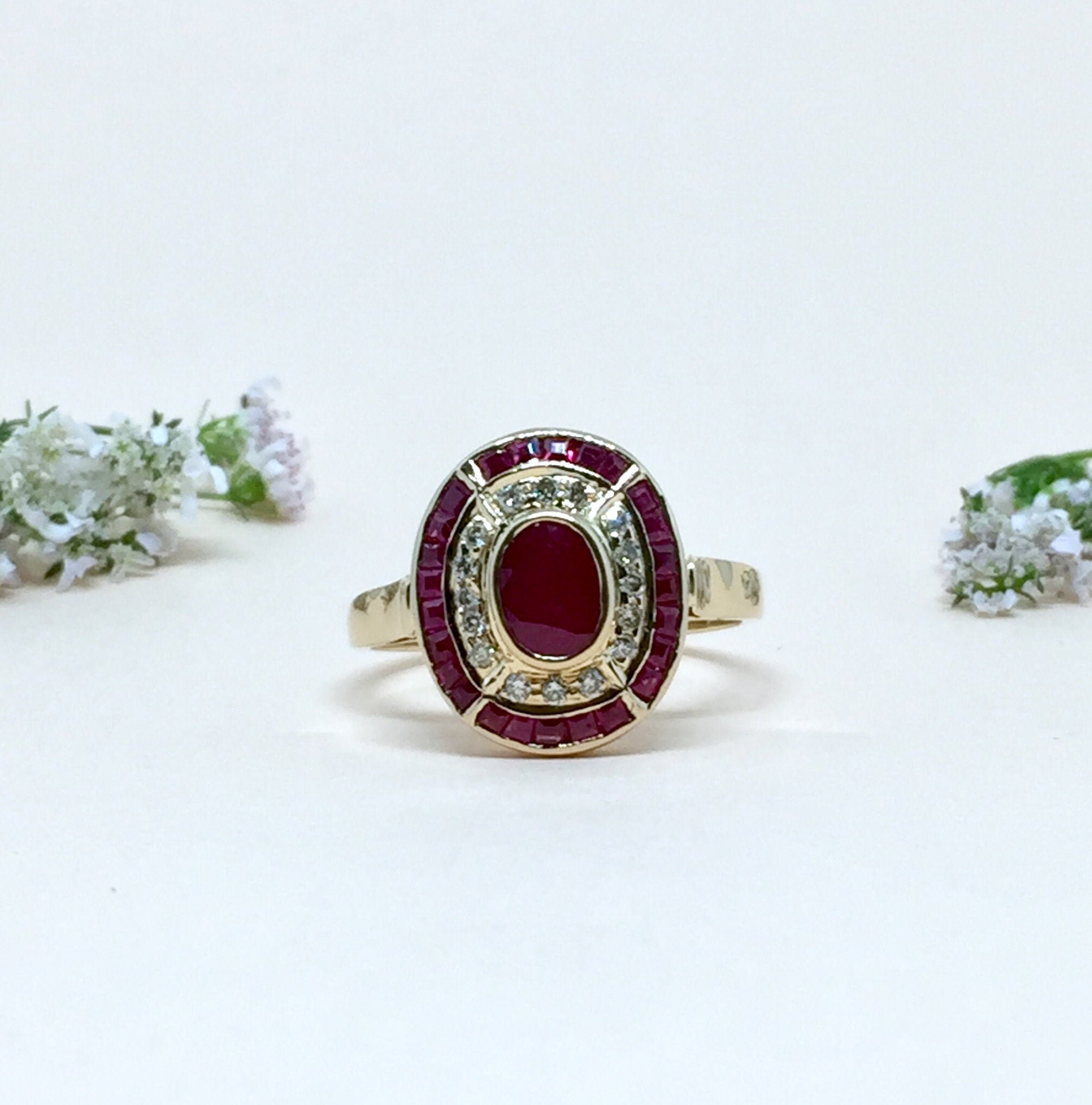 18k Gold Art Deco Ruby Diamond Gemstone Ring Baguette Ruby Dainty Gold Ring Fine Gold Diamond Ring July Birthstone Anniversary Gift For Her