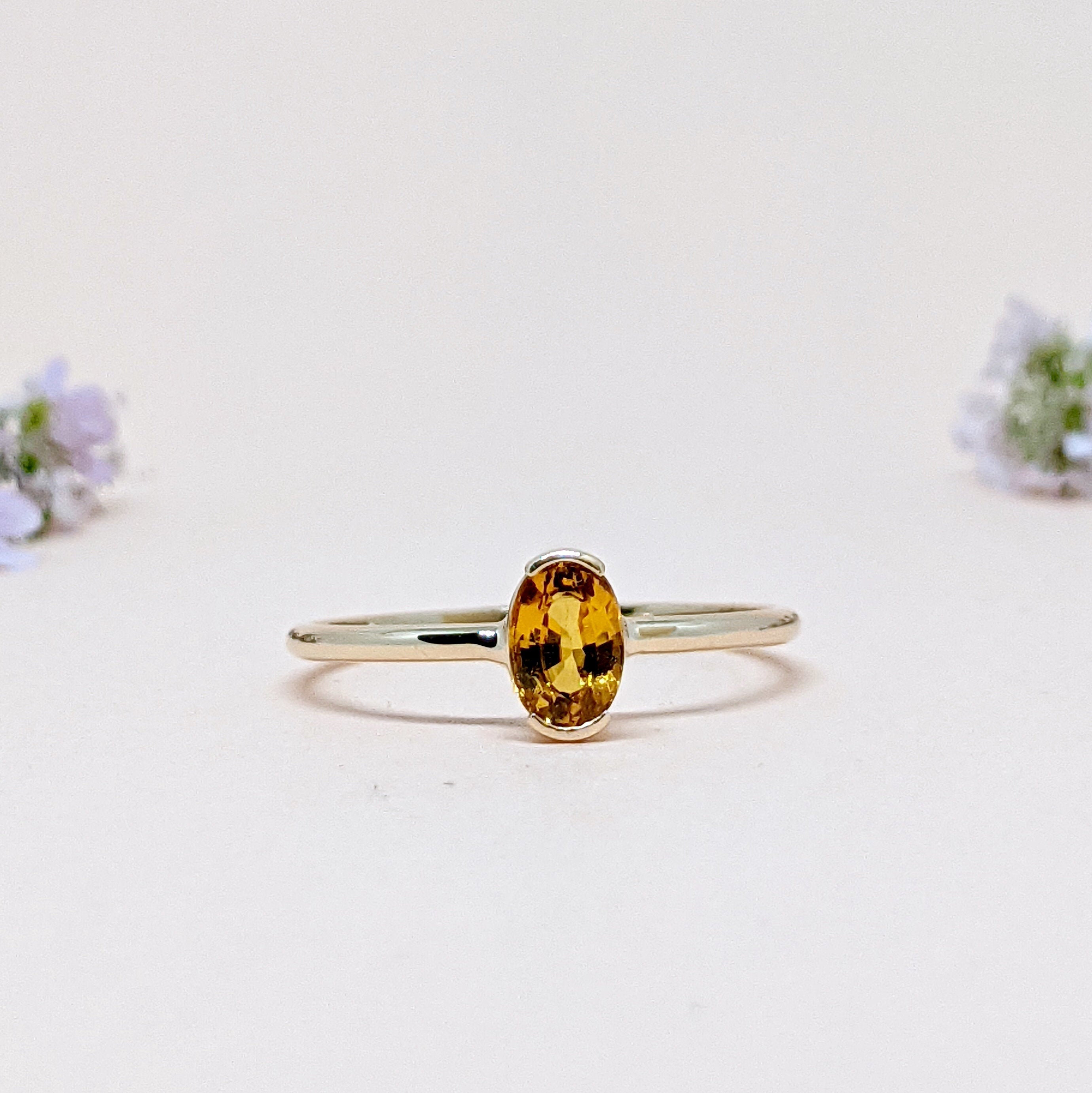 14k Gold Sapphire Ring Art Deco Ring Half Bezel Set Ring Dainty Yellow Sapphire Gold Band Ring September Birthstone Ring Christmas Gift