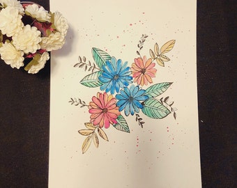 Watercolor handpainting flowers 9in × 12in without frame