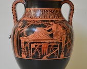 Greek Pottery, Hand made replica, Red and Black Figure Bilingual Amphora, Heracles Feasting