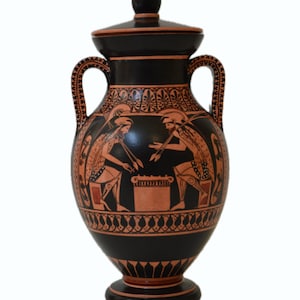 Greek Pottery, Hand made replica, Red and Black Figure Bilingual Amphora, Achilles and Ajax Playing Pessous