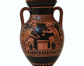 Handmade Greek Amphora Vase, Achilles and Ajax, Bilingual Pottery Replica