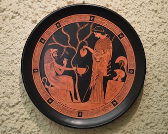 Greek Pottery, Hand made replica, Red Figure Wall Plate, Heracles and Athena