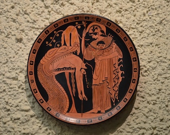 Greek Pottery, Hand made, Red Figure Wall Plate, Jason and the Golden Fleece
